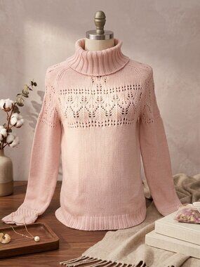 Vintage Y2K Pink Covington Turtleneck Knit Sweater Openwork Bell Sleeve Size M